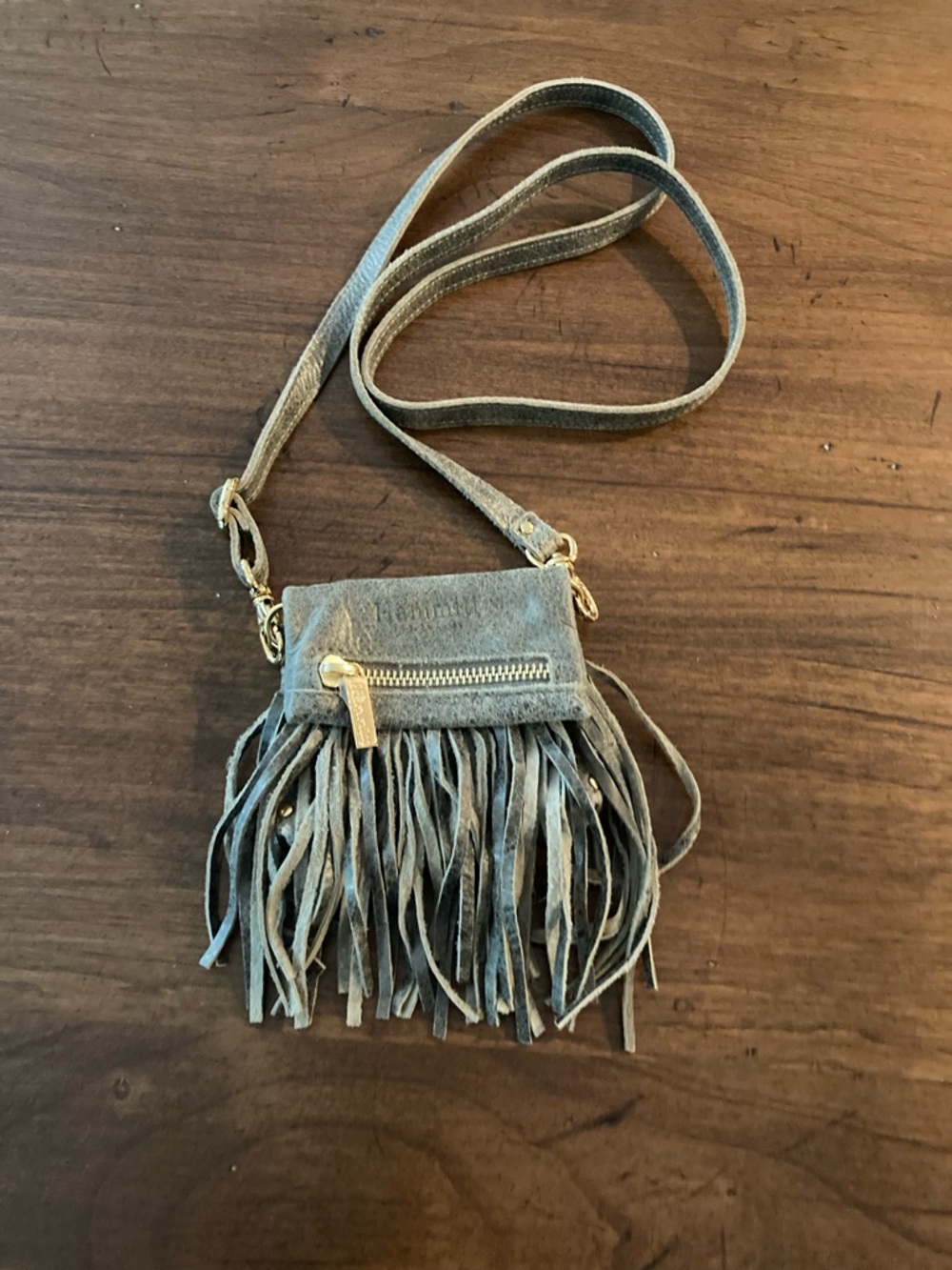 Hammitt Gray distressed leather Fringe Mini card holder Crossbody